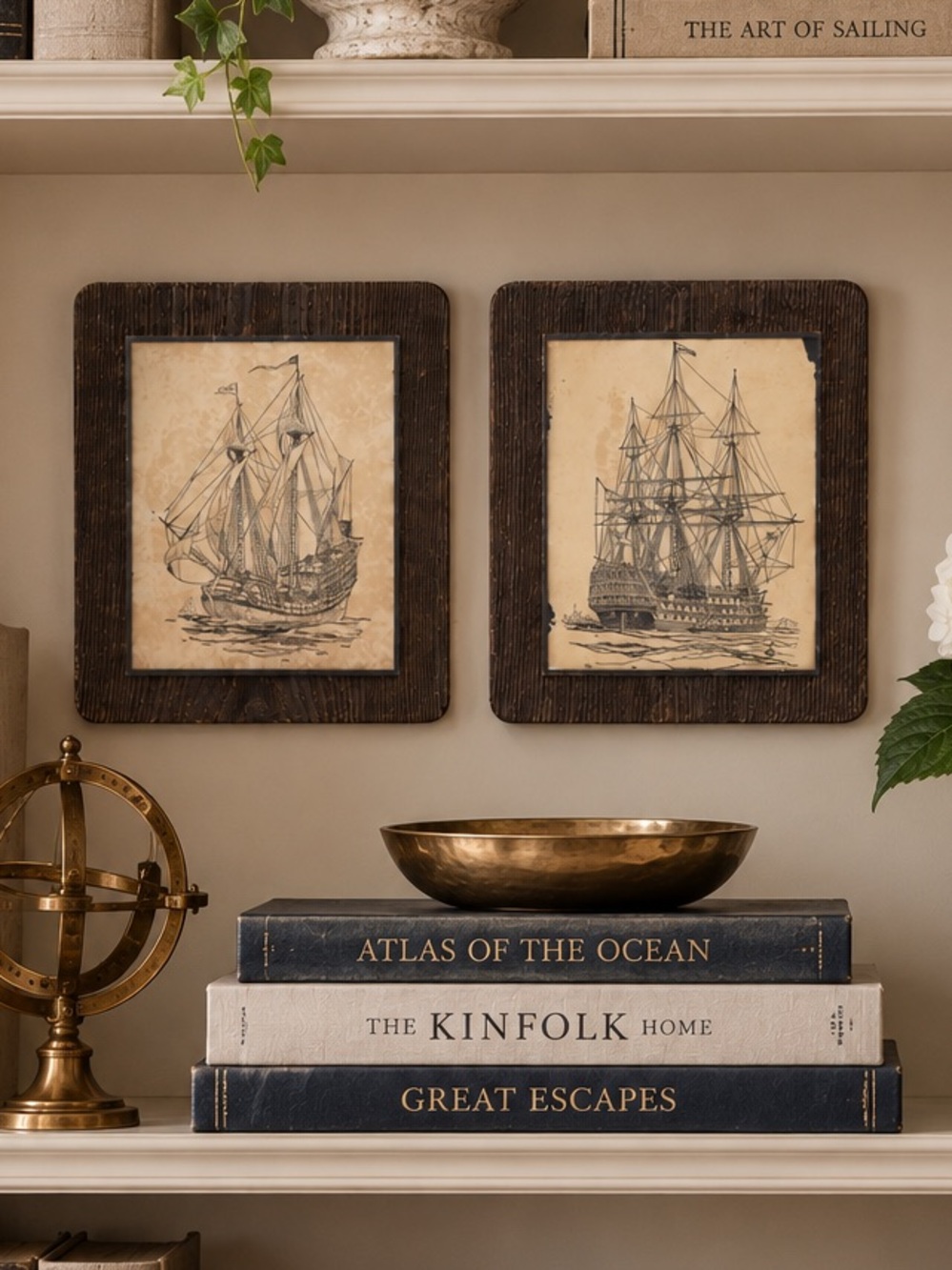 Antique Pair 1924 Book of Old Ships Nautical Plates | Brown Wood Block Frames